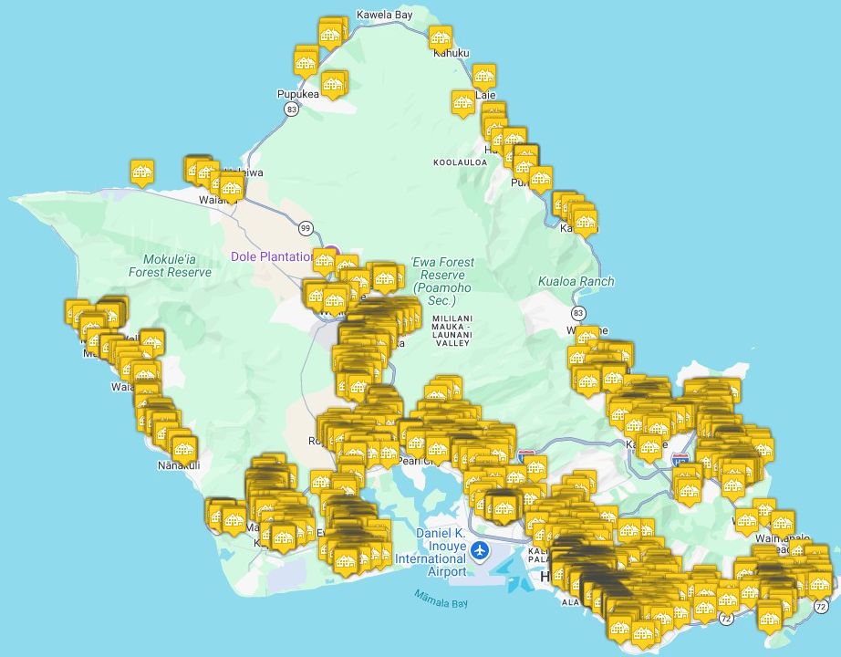 Map of Oahu showing over 2000 homes sold